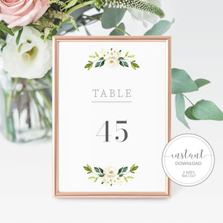 White Floral Greenery Wedding Table Numbers 1-50, Table Number Cards Wedding, Table Numbers 4x6 and 5x7, Printable INSTANT DOWNLOAD - WRG100 - @PlumPolkaDot 