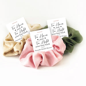 To Have and To Hold Your Hair Back Bridal Shower Favors, Scrunchie Favors, Bridal Shower Party Favors for Guests, Scrunchy Hair Tie Favors - @PlumPolkaDot 