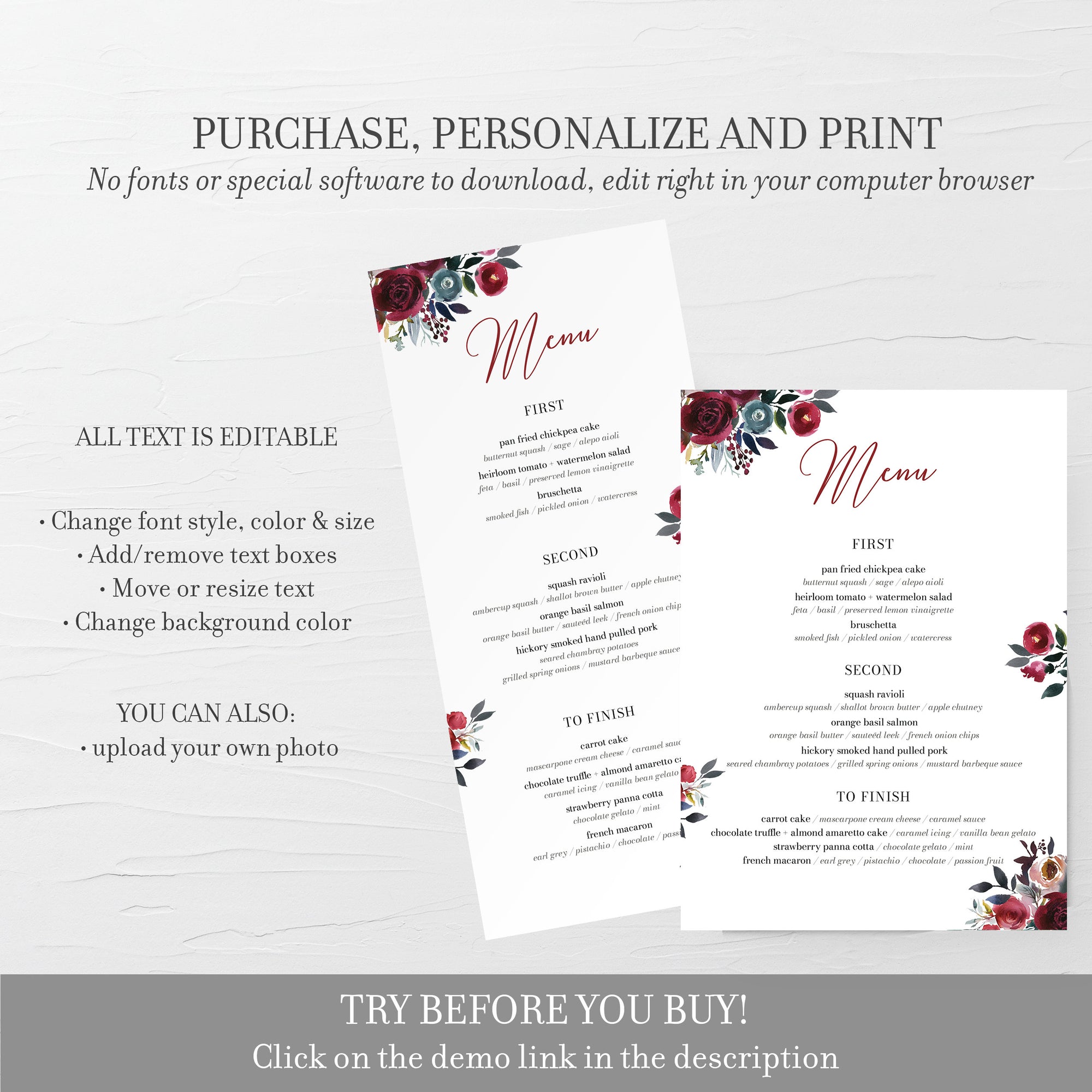 Burgundy and Navy Wedding Menu Template Download, Winter Wedding Menu Editable Download, Printable Menu 4x9 & 5x7 - BB100 - @PlumPolkaDot 