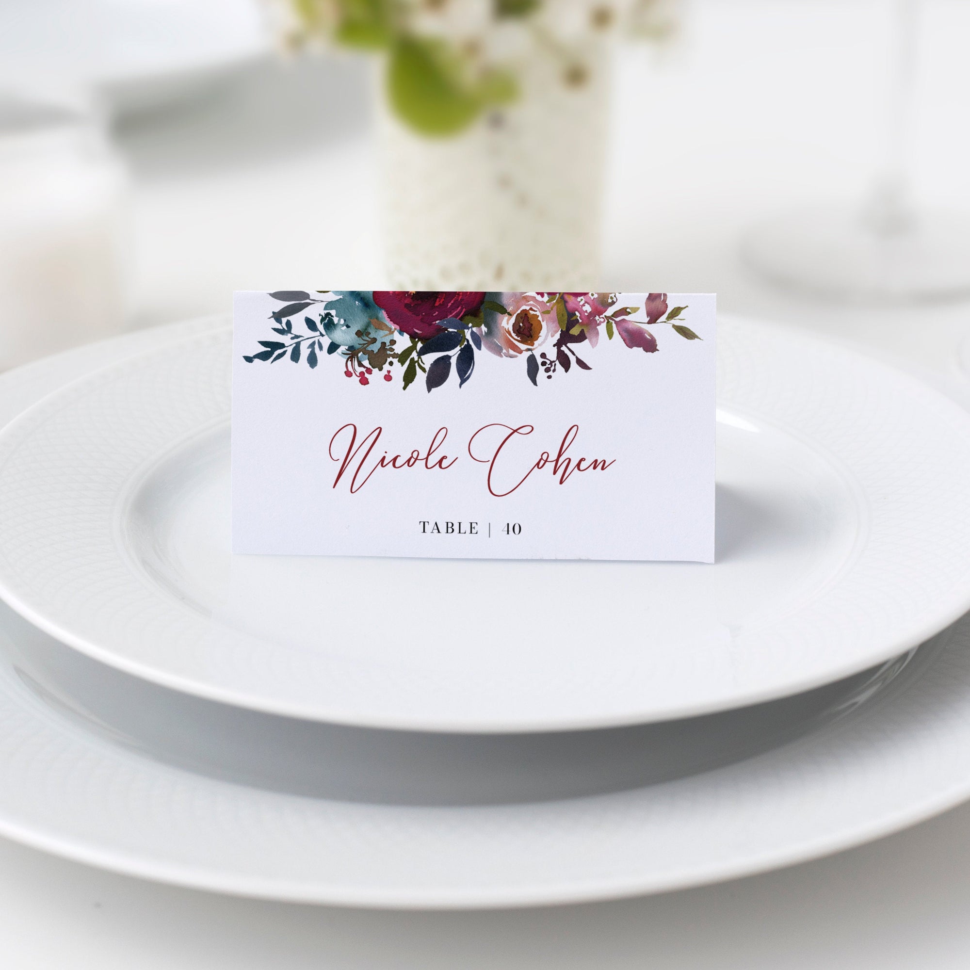 Burgundy and Navy Wedding Place Card Template, Personalized Wedding Name Cards, Printable Place Cards, DIGITAL DOWNLOAD - BB100 - @PlumPolkaDot 