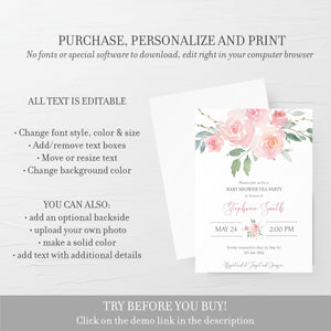 Tea Party Baby Shower Invitation Template, Pink Floral Baby Shower Invite Printable, Editable DIGITAL DOWNLOAD - FR100 - @PlumPolkaDot 