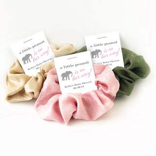 Pink Elephant Baby Shower Favors Girl, Scrunchie Hair Tie Favors, A Little Peanut is On Her Way Baby Shower Favors Scrunchy - @PlumPolkaDot 