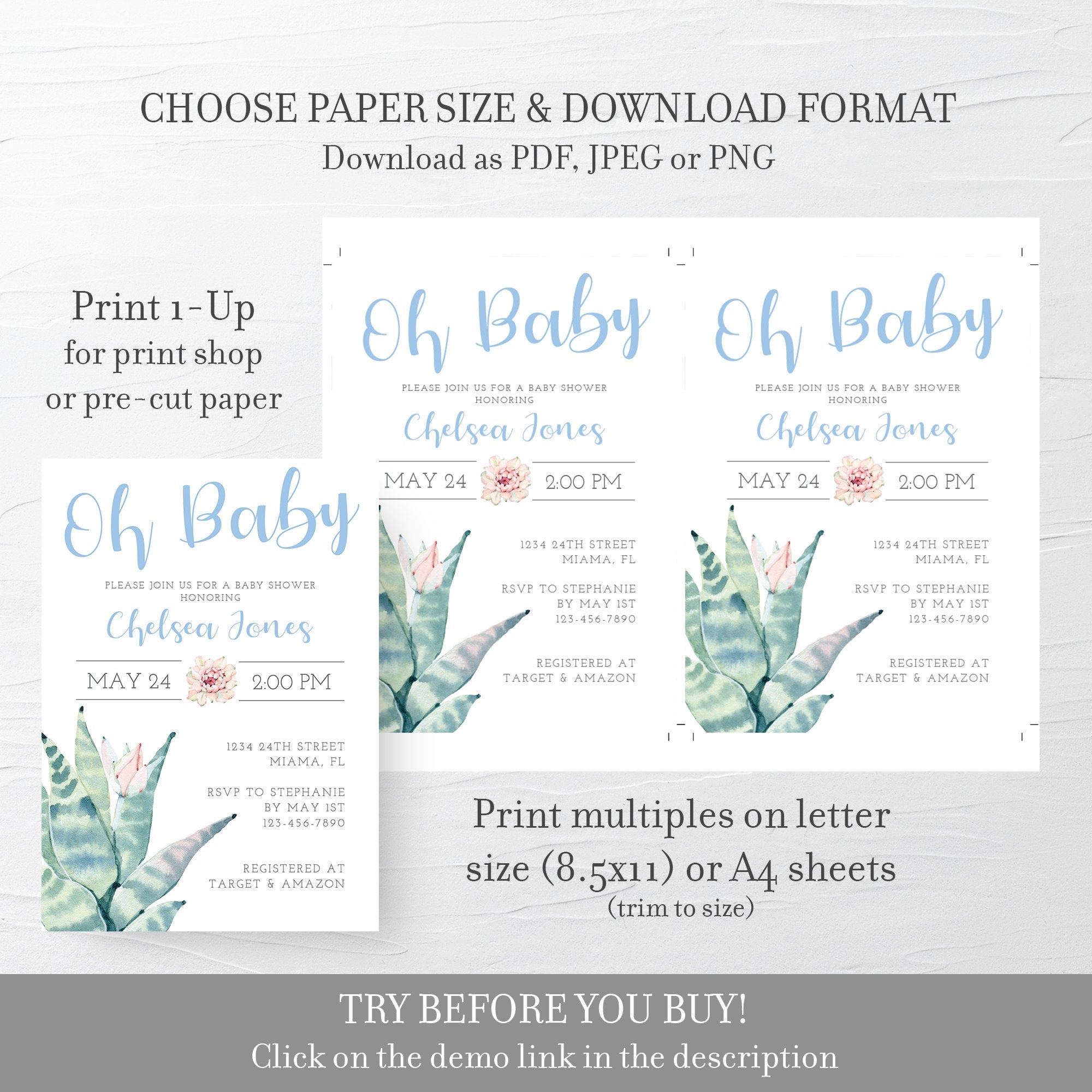 succulent invitation template Succulent Baby Shower Invitation Template, Printable Boy Baby Shower I