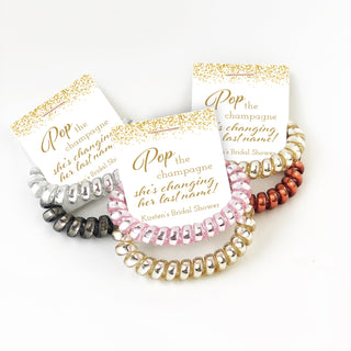Pop The Champagne She's Changing Her Last Name Bridal Shower Favors, Telephone Cord Spiral Hair Ties - @PlumPolkaDot 