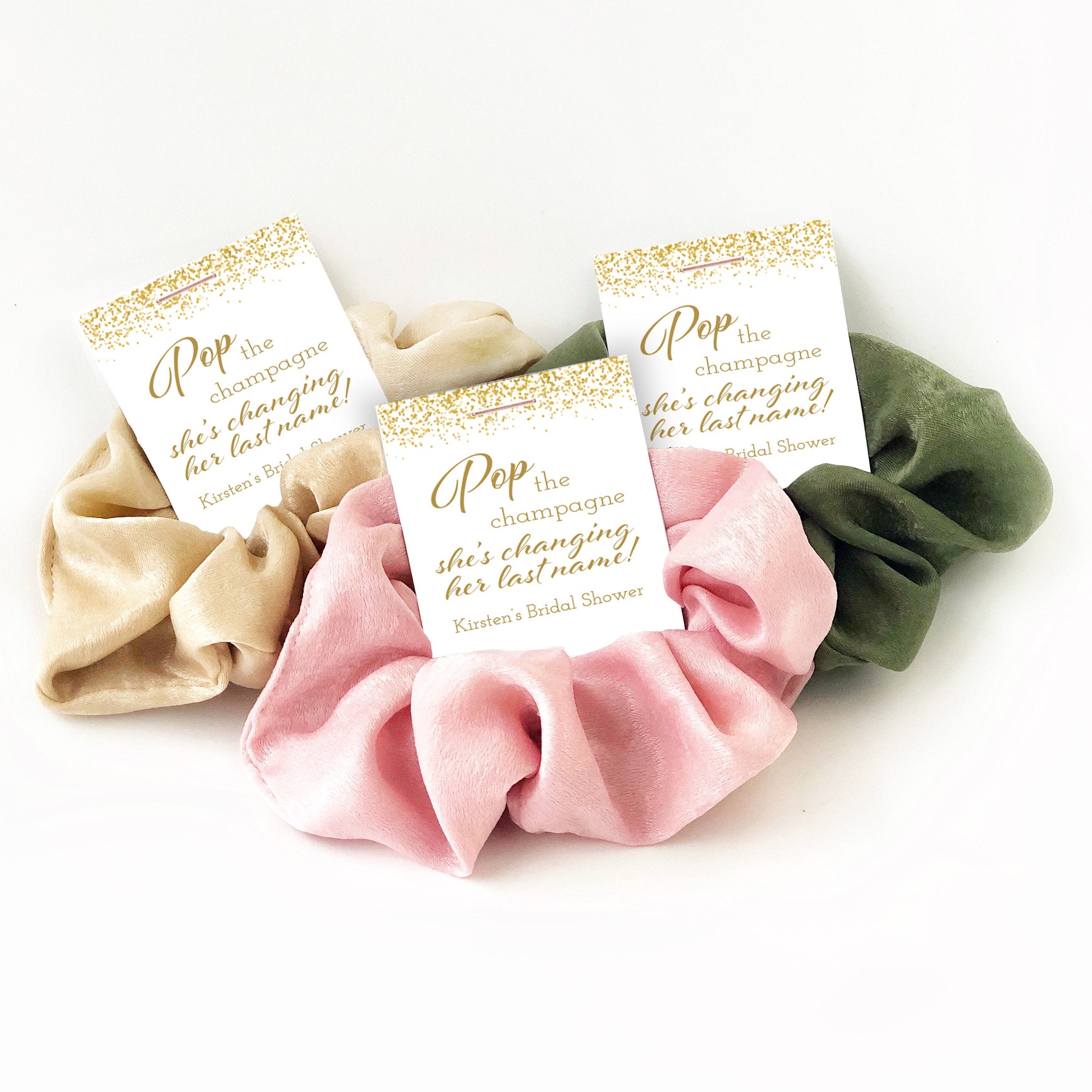 Pop The Champagne She's Changing Her Last Name Bridal Shower Favors, Hair Scrunchie Favors, Gold Bachelorette Party Favors - @PlumPolkaDot 