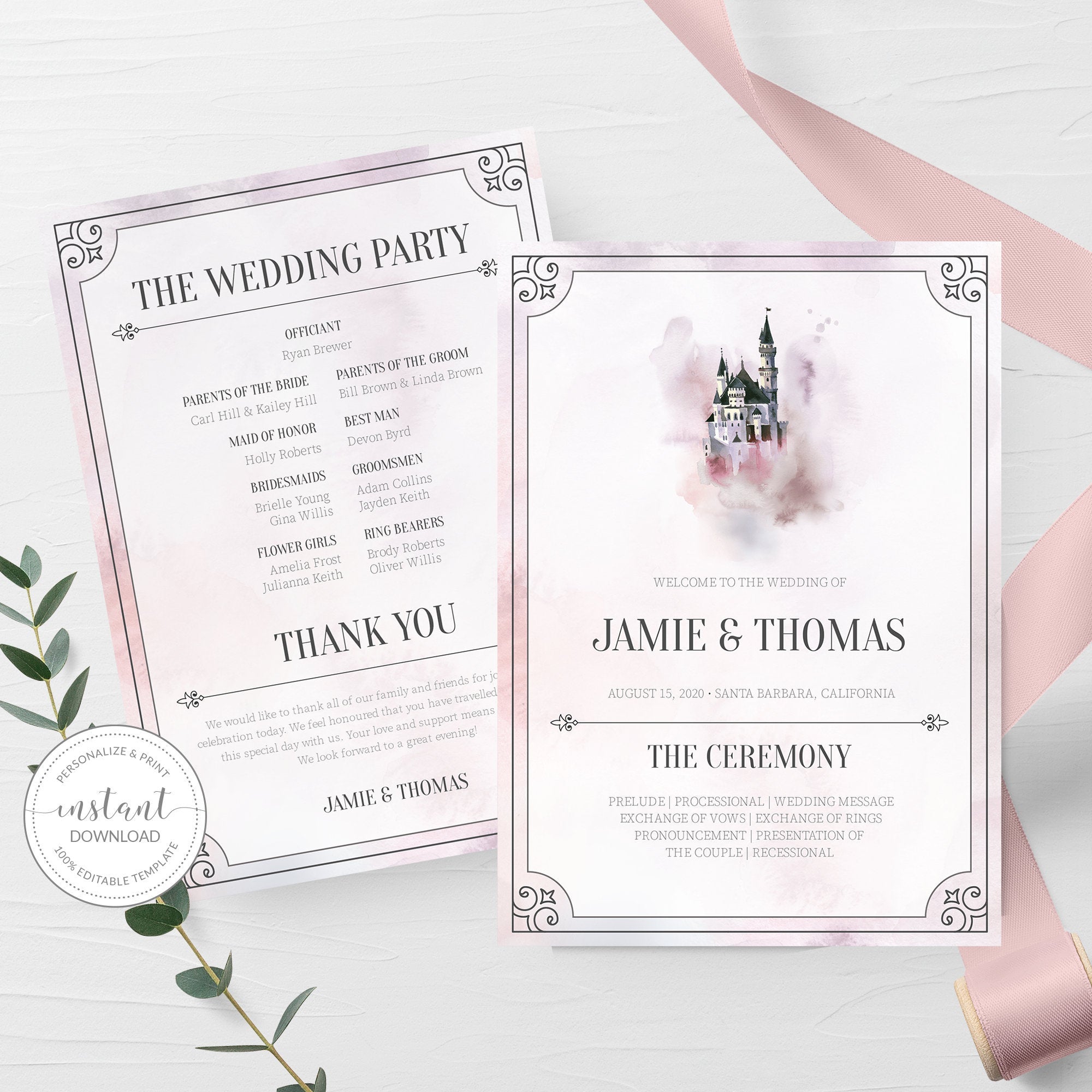 Fairytale Wedding Ceremony Program Template, Once Upon a Time Wedding Programs, Editable Wedding Program, 5x7 DIGITAL DOWNLOAD - D500 - @PlumPolkaDot 