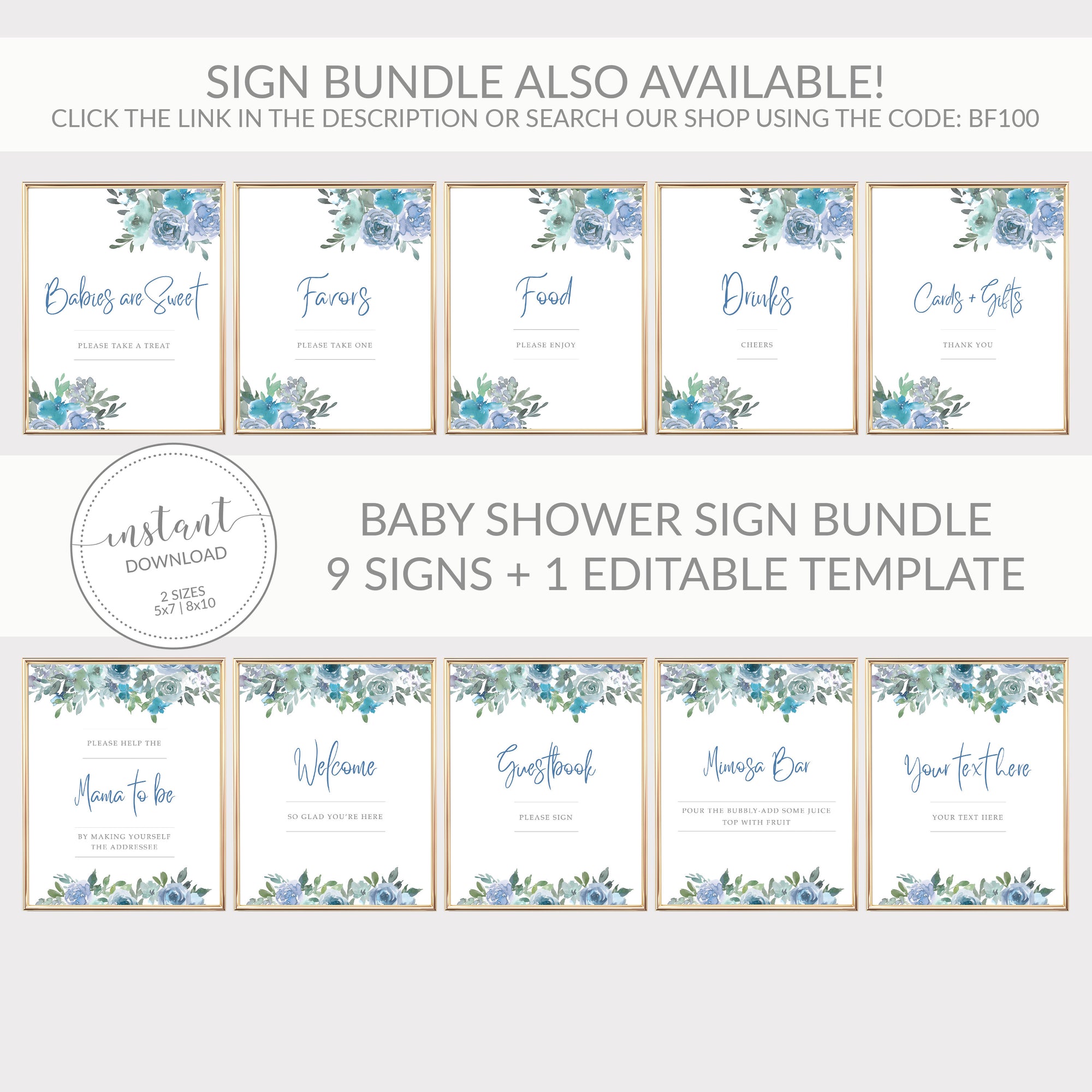 Blue Floral Favors Sign INSTANT DOWNLOAD, Bridal Shower Favors Sign, Baby Shower Sign, Wedding Decorations - BF100 - @PlumPolkaDot 