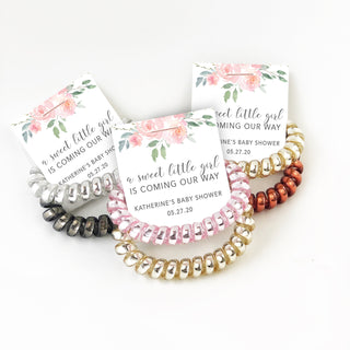 Pink Floral Baby Shower Party Favors, Spiral Hair Ties, A Sweet Little Girl Is On Her Way - FR100 - @PlumPolkaDot 