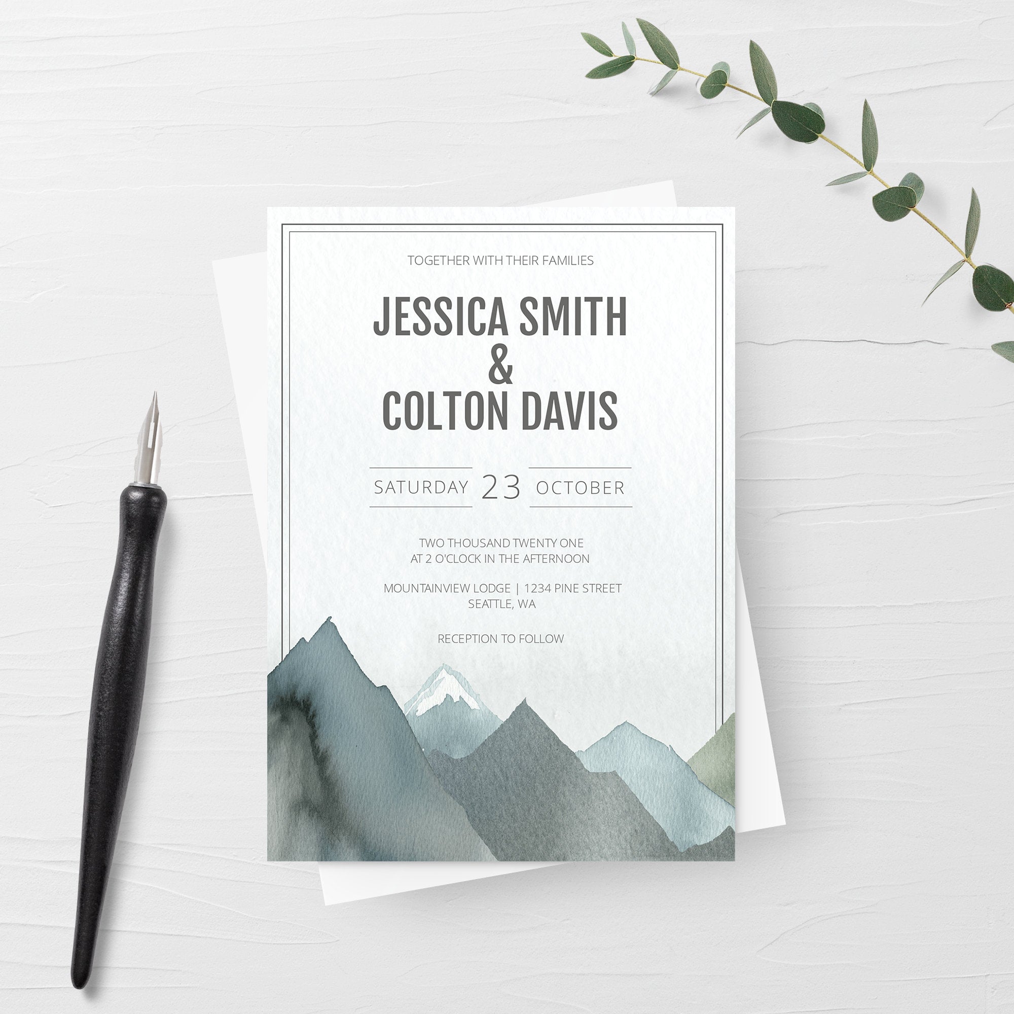 Mountain Wedding Invitation Template, Rocky Mountain Wedding Invitation Suite, Editable Printable DIGITAL DOWNLOAD - D100 - @PlumPolkaDot 