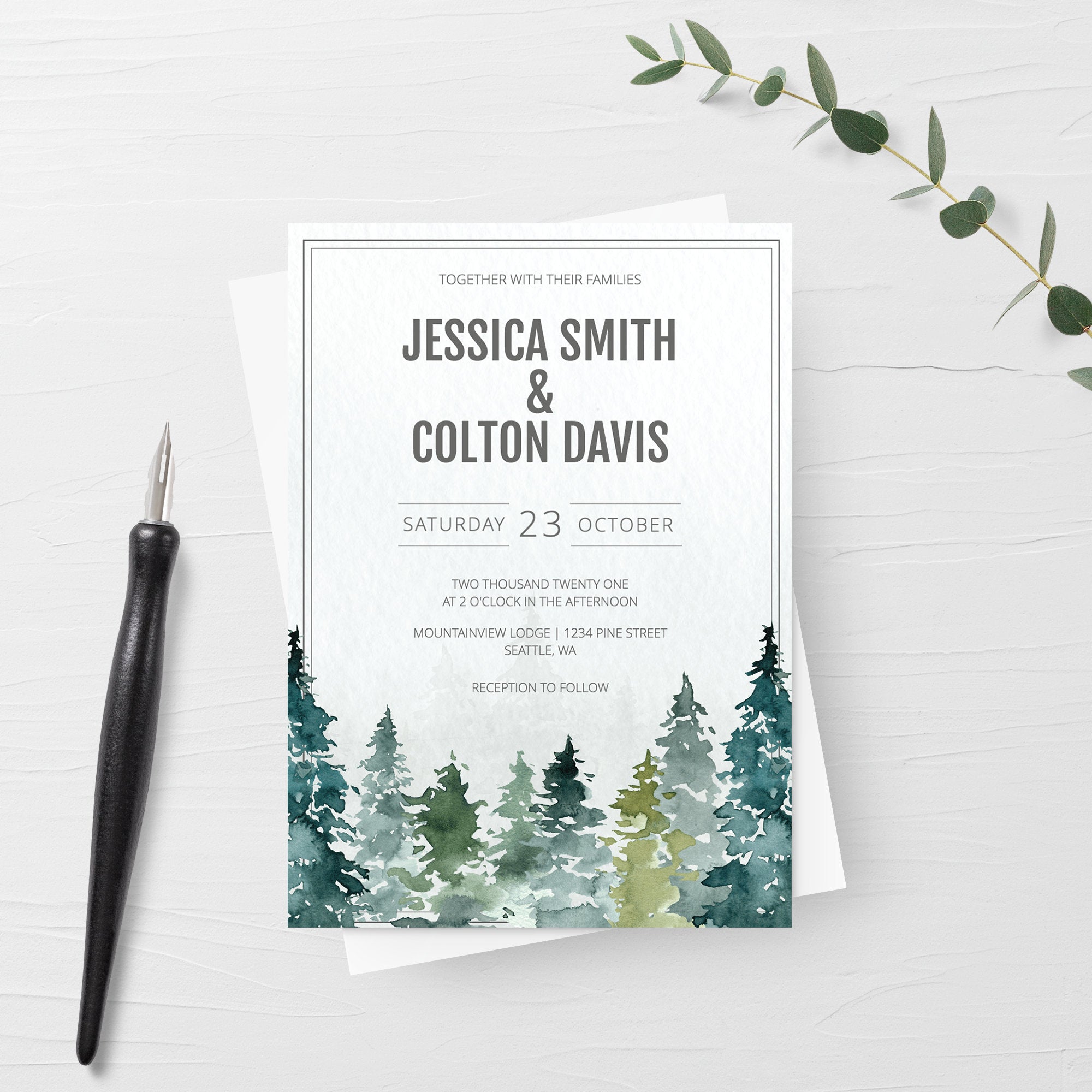 Woodland Wedding Invitation Template, Pine Tree Wedding Invitation Suite, Forest Wedding Invite, Editable Printable DIGITAL DOWNLOAD - D100 - @PlumPolkaDot 