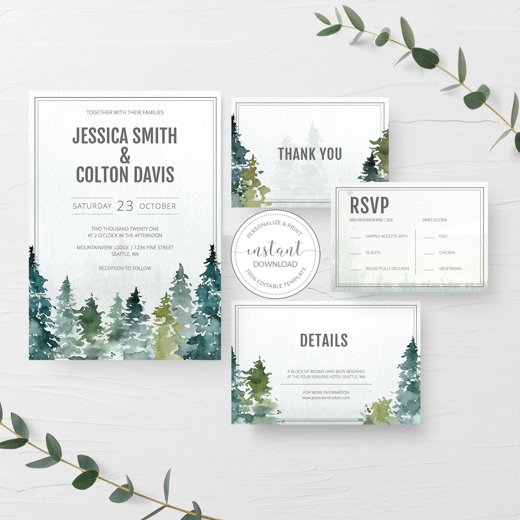 Woodland Wedding Invitation Template, Pine Tree Wedding Invitation Suite, Forest Wedding Invite, Editable Printable DIGITAL DOWNLOAD - D100 - @PlumPolkaDot 