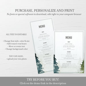 Woodland Wedding Menu Template Download, Pine Tree Forest Wedding Menu Editable Download, Rustic Menu Printable 4x9 & 5x7 - D100 - @PlumPolkaDot 
