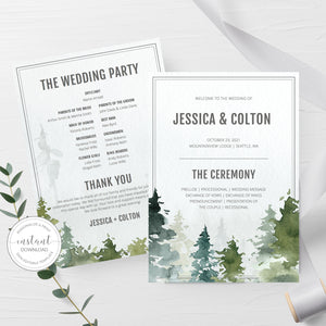 Woodland Wedding Ceremony Program Template, Forest Wedding Programs, Pine Tree Editable Wedding Program, 5x7 DIGITAL DOWNLOAD - D100 - @PlumPolkaDot 