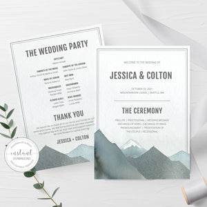 Mountain Wedding Ceremony Program Template, Rocky Mountain Wedding Programs, Editable Wedding Program, 5x7 DIGITAL DOWNLOAD - D100 - @PlumPolkaDot 
