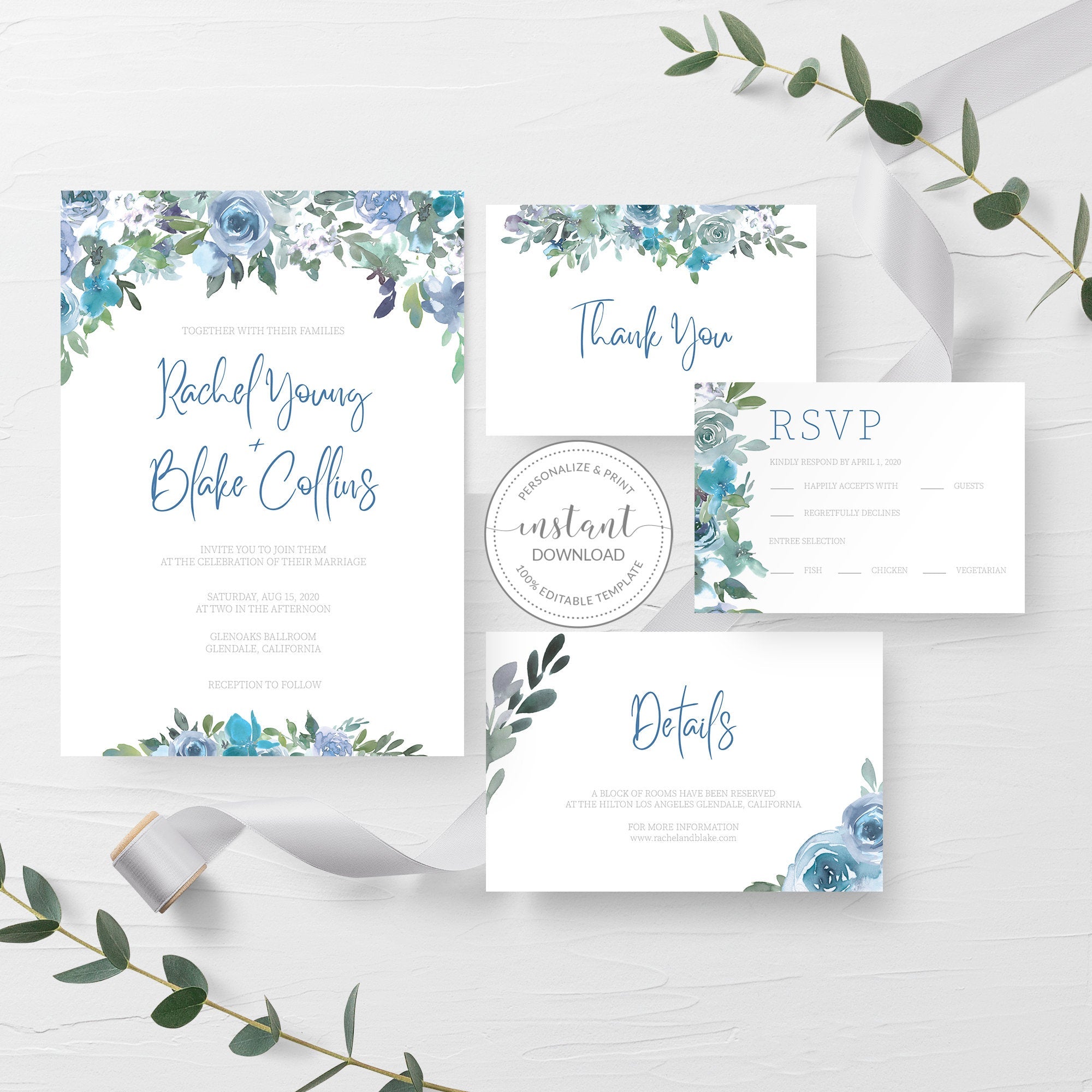 Blue Floral Wedding Invitation Suite Template, Printable Wedding Invit - PlumPolkaDot for Free Printable Printable Wedding Cards