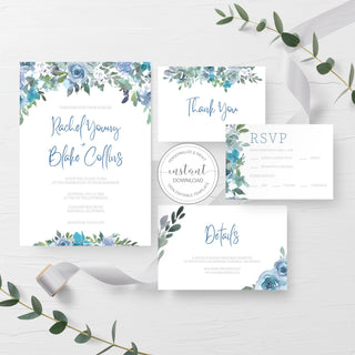 Blue Floral Wedding Invitation Template, Editable Wedding Invitation Suite Printable, Blue Wedding Invite Set, INSTANT DOWNLOAD - BF100 - @PlumPolkaDot 