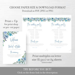 Blue Floral Wedding Ceremony Program Template, Blue Wedding Programs, 5x7 Editable DIGITAL DOWNLOAD - BF100 - @PlumPolkaDot 