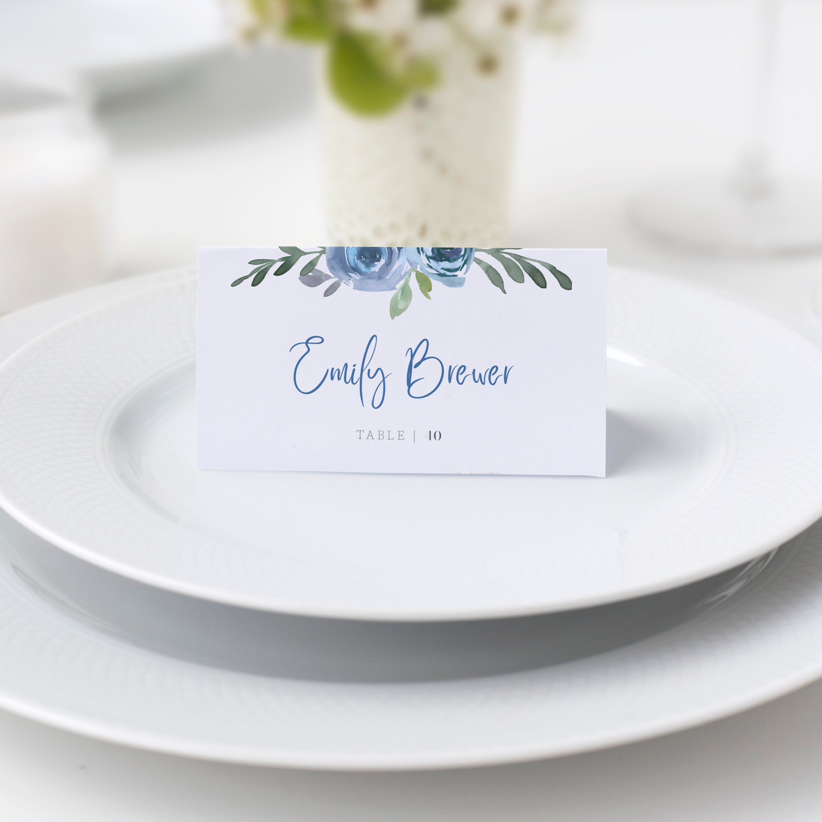 Blue Floral Wedding Place Card Template, Personalized Wedding Name Cards, Printable Place Cards, DIGITAL DOWNLOAD - BF100 - @PlumPolkaDot 