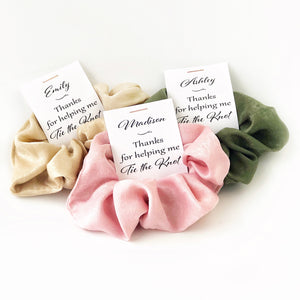 Bridesmaid Gift, Hair Scrunchies, Small Bridal Party Gifts, Thanks for Helping Me Tie The Knot, Personalized Flower Girl Gift - @PlumPolkaDot 