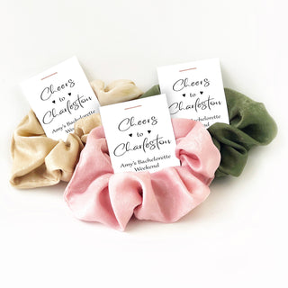 Charleston Bachelorette Party Favors, Cheers to Charleston, Scrunchie Favors, Charleston Bach Favors, Hair Tie Favors - @PlumPolkaDot 