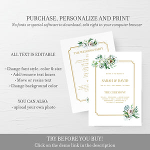 Blush Floral Greenery Wedding Program Template, Gold Wedding Ceremony Programs, Editable Wedding Program, 5x7 DIGITAL DOWNLOAD - BGF100 - @PlumPolkaDot 