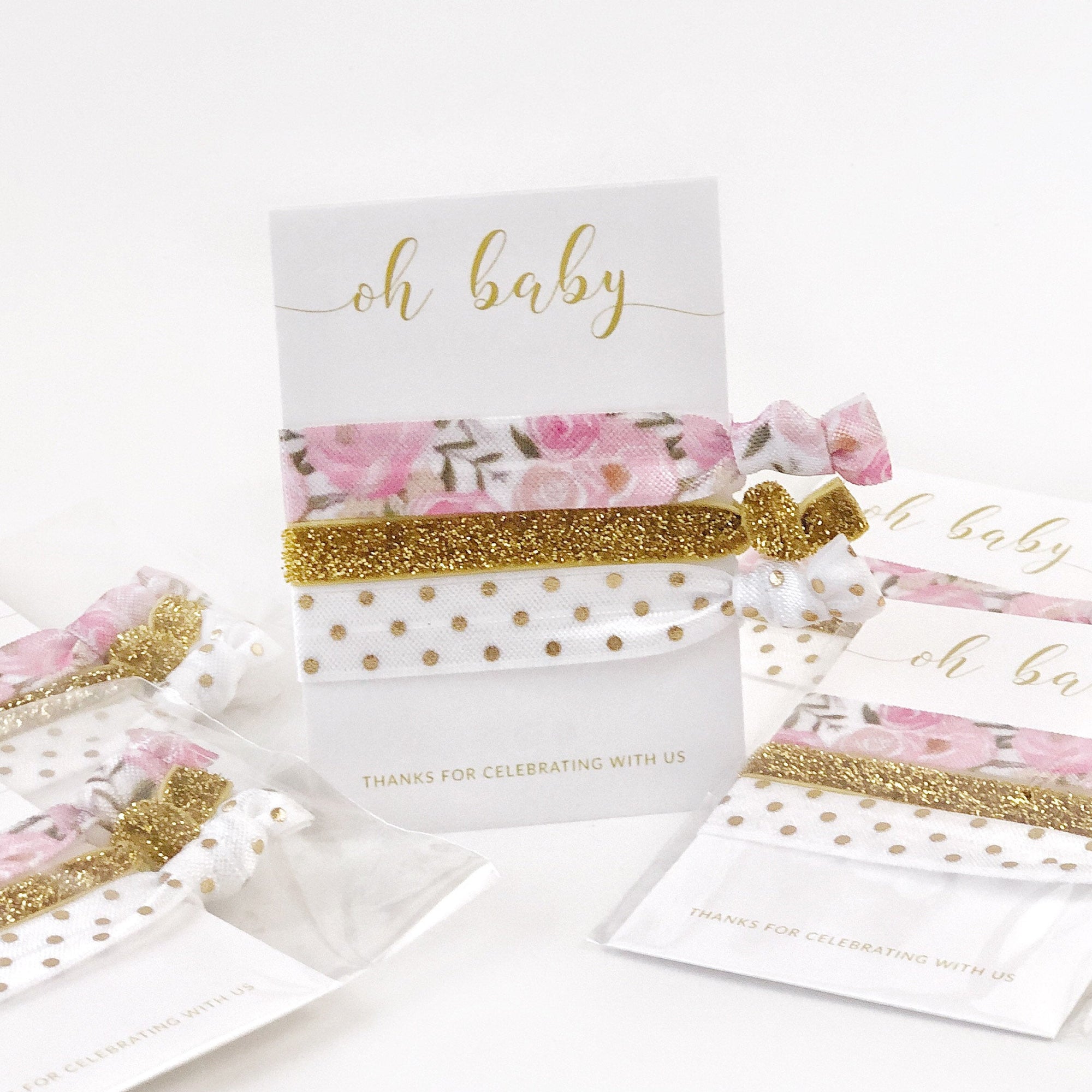 Floral Baby Shower Favors Hair Ties, Unique Baby Shower Favors, Tea Party Baby Shower Favors, Gold Baby Shower Hair Ties - FR100 - @PlumPolkaDot 