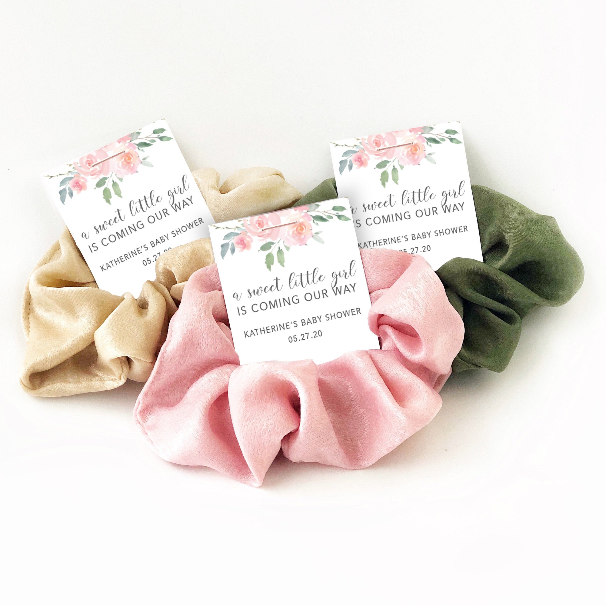 Blush Pink Floral Baby Shower Favors, A Sweet Little Girl is on Her Way, Hair Scrunchie FR100