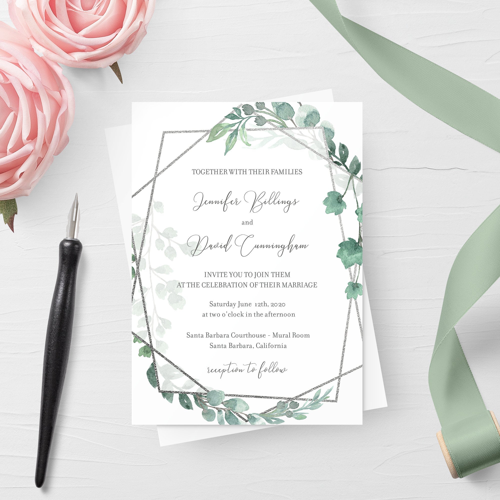 Greenery Wedding Invitation Template, Silver Geometric Wedding Invitation, Editable Wedding Invitation Suite, INSTANT DOWNLOAD - GFS100 - @PlumPolkaDot 