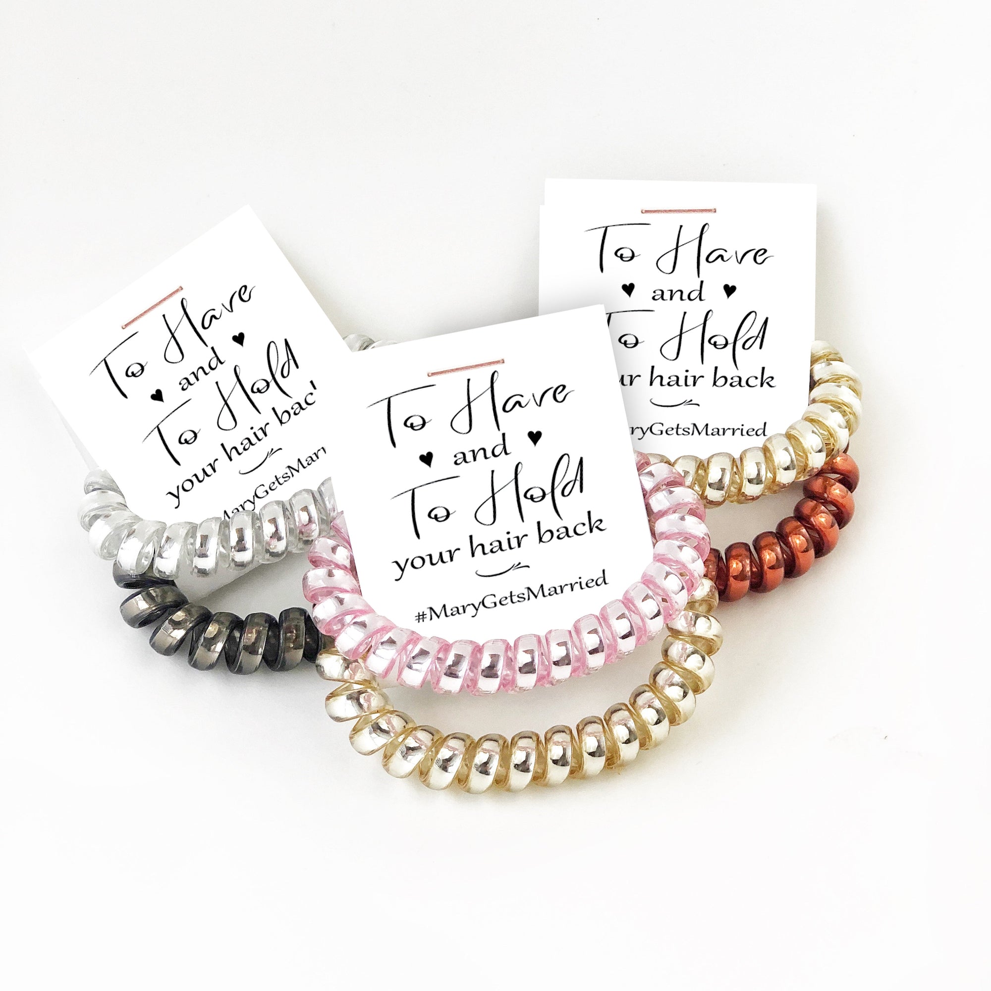 To Have and To Hold Your Hair Back Bridal Shower Favors, Telephone Cord Spiral Hair Ties, Coil Hair Tie Bachelorette Favors - @PlumPolkaDot 