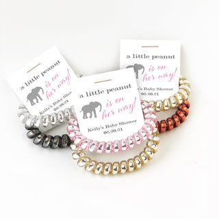 Elephant Baby Shower Favors Girl, Spiral Hair Ties, A Little Peanut is On Her Way - @PlumPolkaDot 