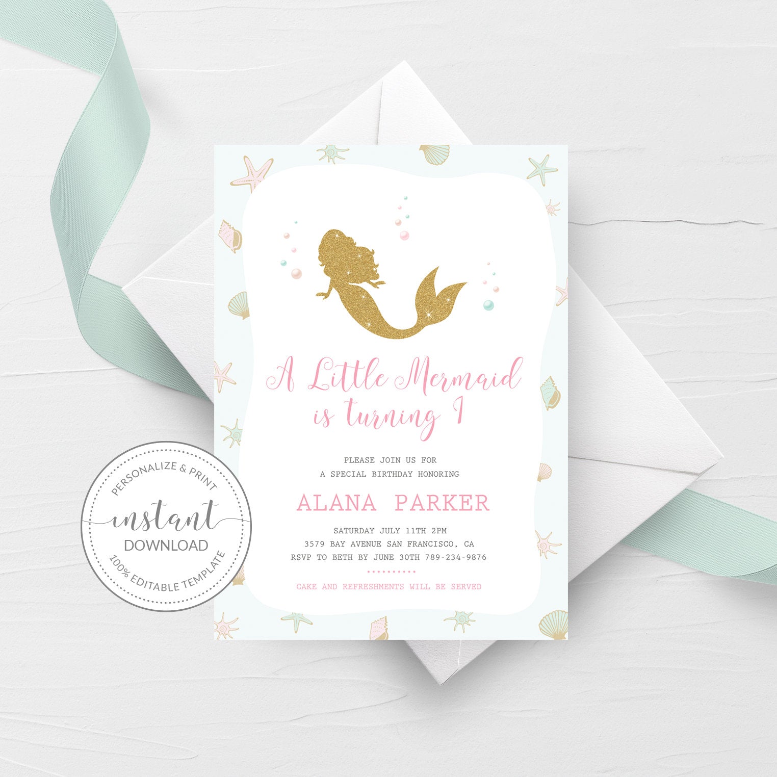 Under the Sea 1st Birthday Invitation Template, Printable Mermaid Invi - PlumPolkaDot under-the-sea-1st-birthday-invitation-template-printable-mermaid-invi-plumpolkadot