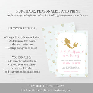 Mermaid Baby Shower Invitation Printable, Under the Sea Baby Shower, A Little Mermaid Is On Her Way, Template DIGITAL DOWNLOAD - M100 - @PlumPolkaDot 