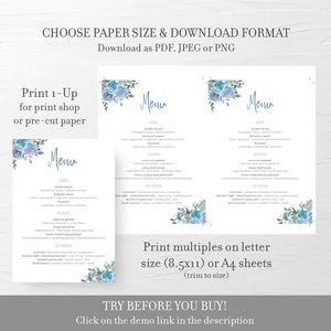 Blue Floral Wedding Menu Template Download, Blue Wedding Menu Editable Download, Printable Menu 4x9 & 5x7 - BF100 - @PlumPolkaDot 