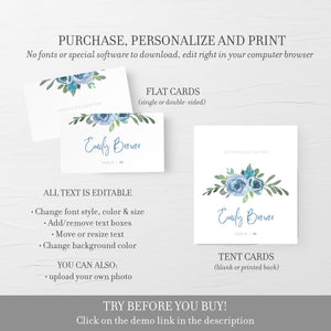 Blue Floral Wedding Place Card Template, Personalized Wedding Name Cards, Printable Place Cards, DIGITAL DOWNLOAD - BF100 - @PlumPolkaDot 