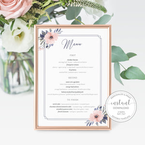 Navy and Blush Floral Wedding Menu Template Download, Blush Wedding Menu Editable Download, Printable Menu 4x9 & 5x7 - NB100 - @PlumPolkaDot 