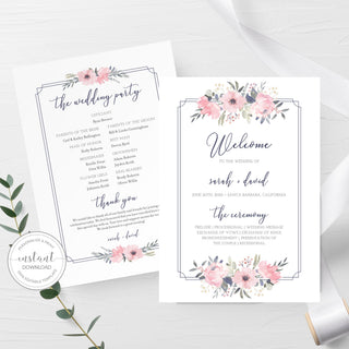 Navy and Blush Floral Wedding Ceremony Program Template, Blush Wedding Programs, 5x7 Editable DIGITAL DOWNLOAD - NB100 - @PlumPolkaDot 
