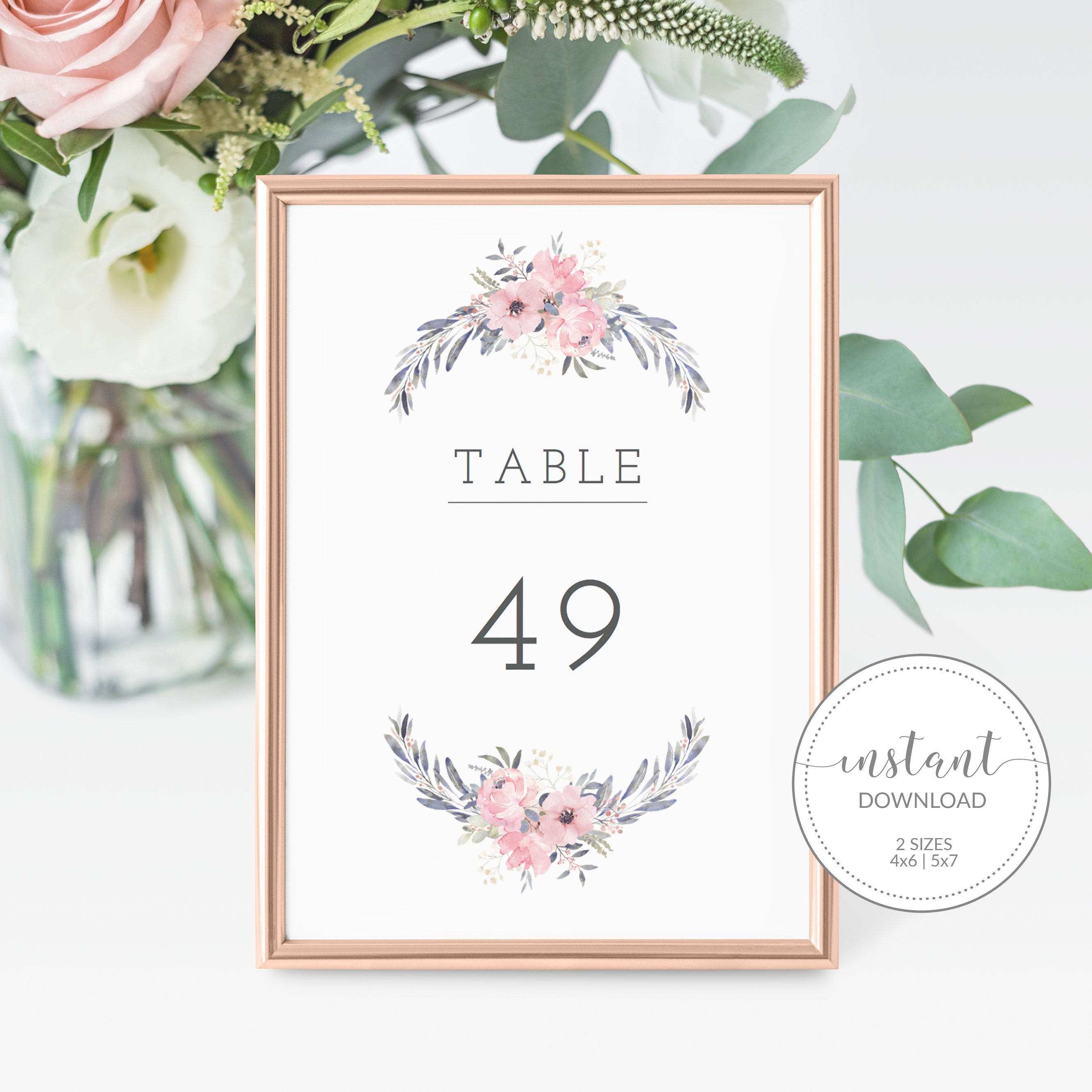 Navy and Blush Floral Wedding Table Numbers 1-50, Table Number Cards Wedding, Table Numbers 4x6 and 5x7, Printable INSTANT DOWNLOAD - NB100 - @PlumPolkaDot 
