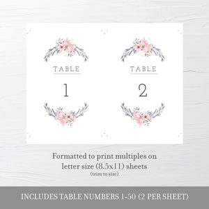Navy and Blush Floral Wedding Table Numbers 1-50, Table Number Cards Wedding, Table Numbers 4x6 and 5x7, Printable INSTANT DOWNLOAD - NB100 - @PlumPolkaDot 