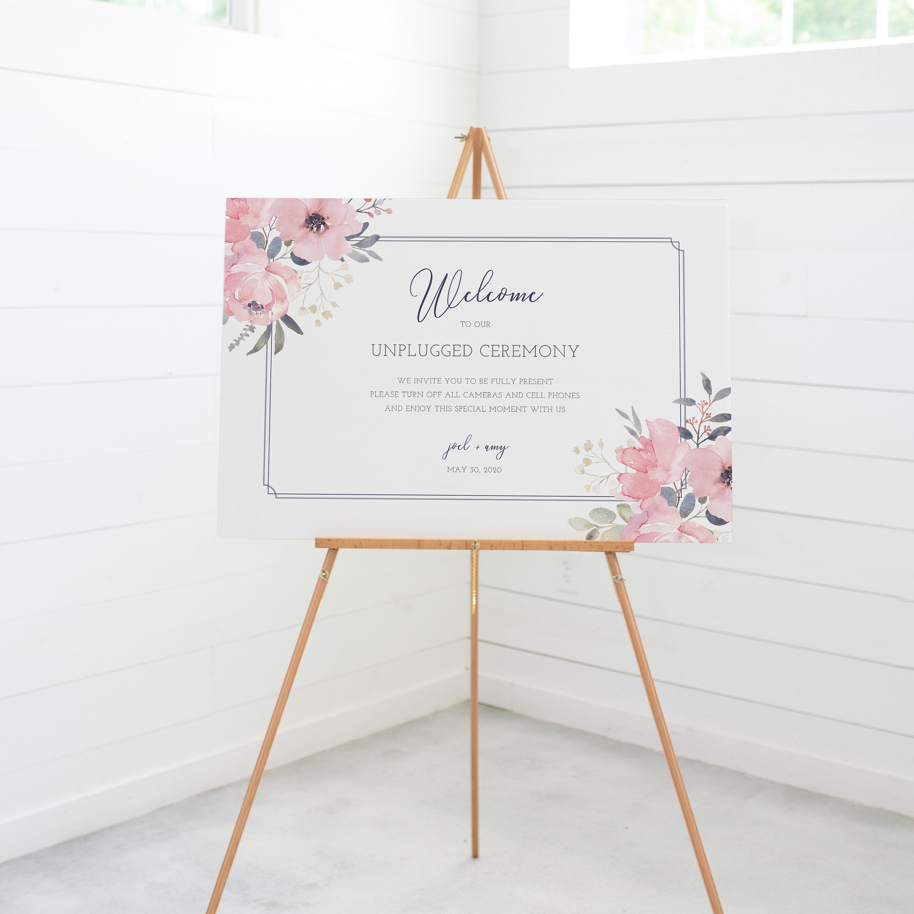 Navy and Blush Wedding Welcome Sign Printable, Unplugged Wedding Sign Template, Wedding Unplugged Ceremony Sign, DIGITAL DOWNLOAD - NB100 - @PlumPolkaDot 