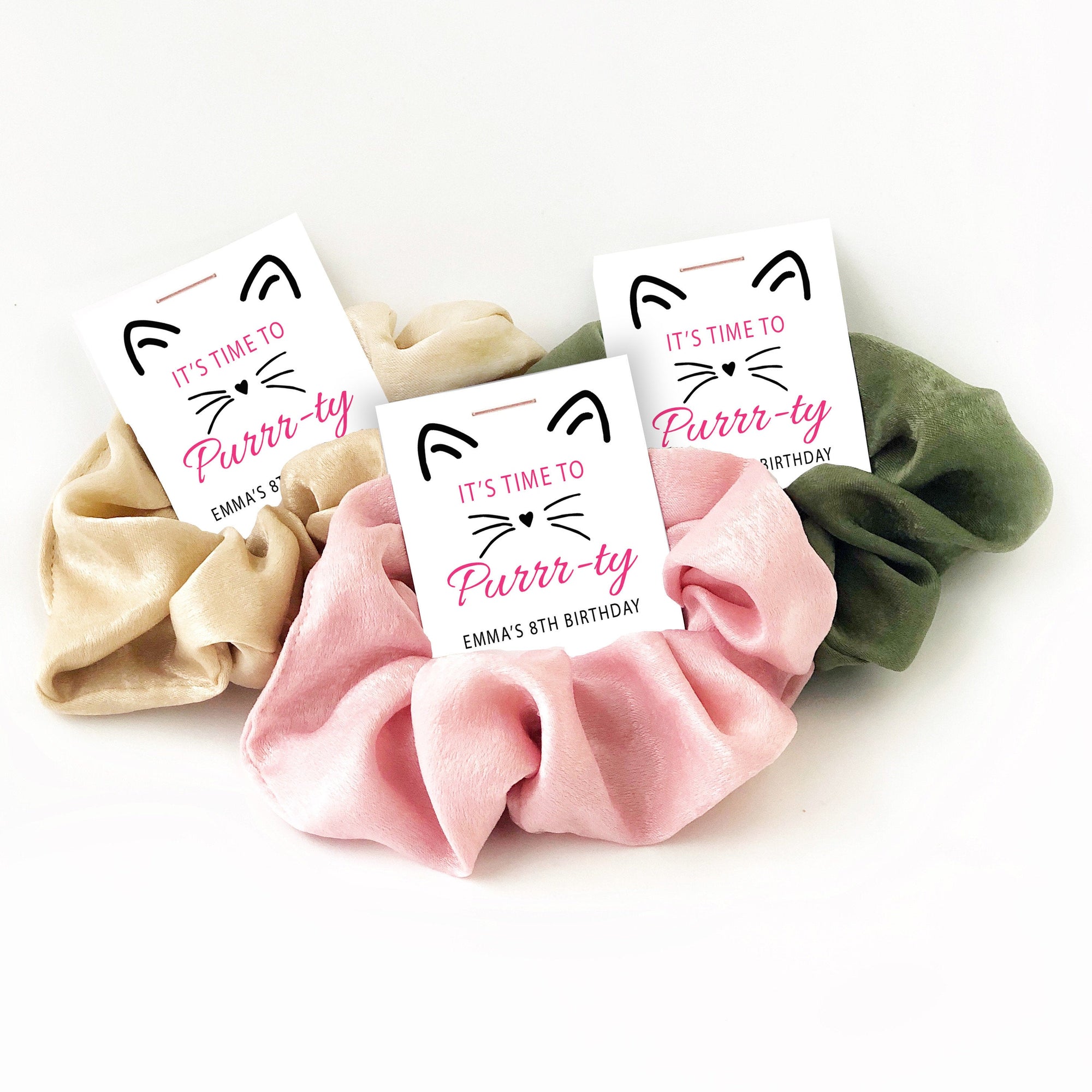 Cat Birthday Party Favors, Hair Scrunchie, Kitty Cat Party Favors, Kitty Cat Party Supplies - @PlumPolkaDot 
