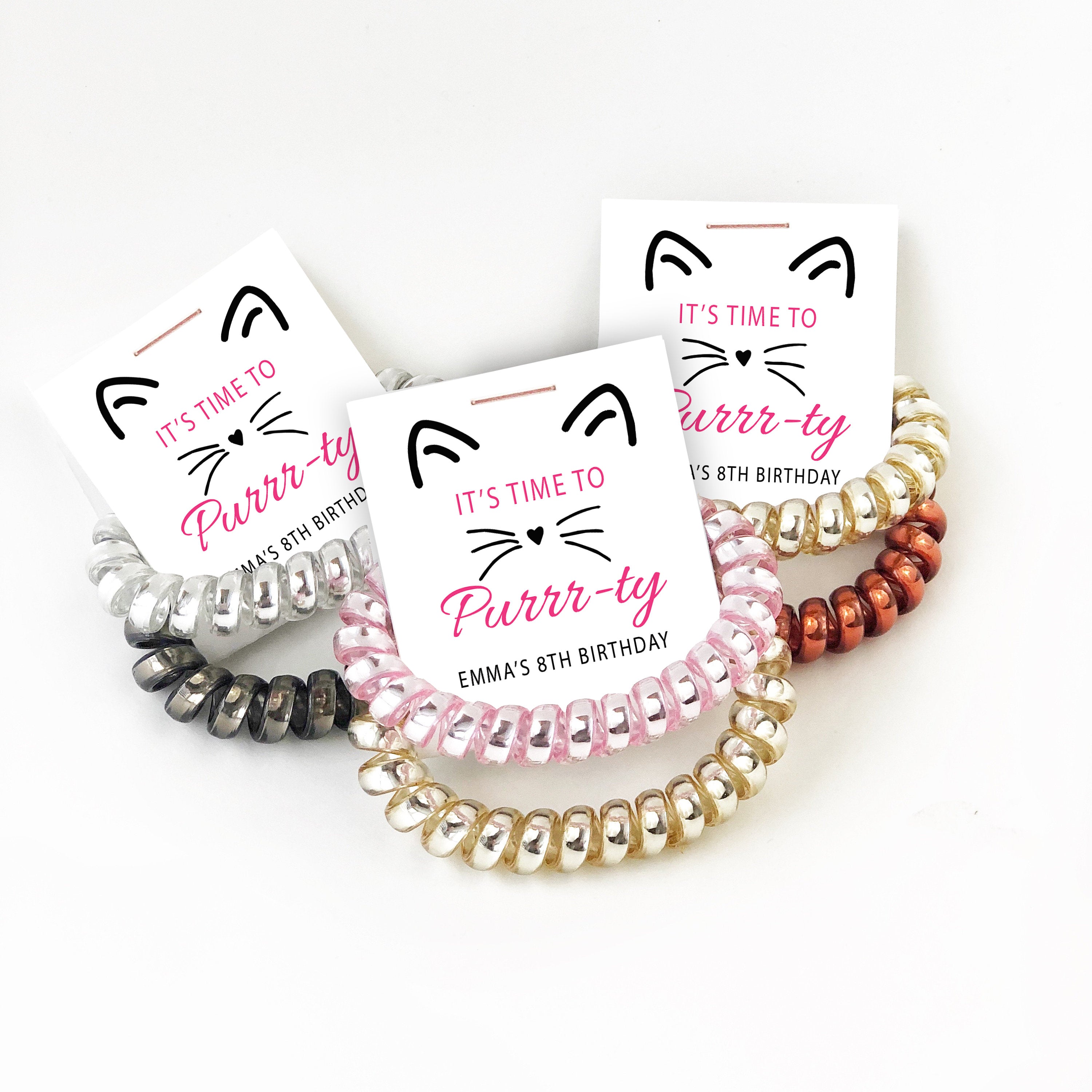 Cat Birthday Party Favors, Spiral Hair Ties, Kitty Cat Party Favors - @PlumPolkaDot 