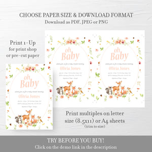 Woodland Baby Shower Invitation Girl, Woodland Animal Baby Shower Invitation, Printable Instant Download - W100 - @PlumPolkaDot 