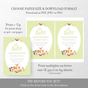Woodland Baby Shower Invitation Gender Neutral, Woodland Animal Baby Shower Invitation, Printable Instant Download - W100 - @PlumPolkaDot 