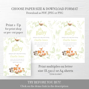 Woodland Baby Shower Invitation Gender Neutral, Woodland Baby Shower Invitation Instant Download, Woodland Animal, Printable - W100 - @PlumPolkaDot 