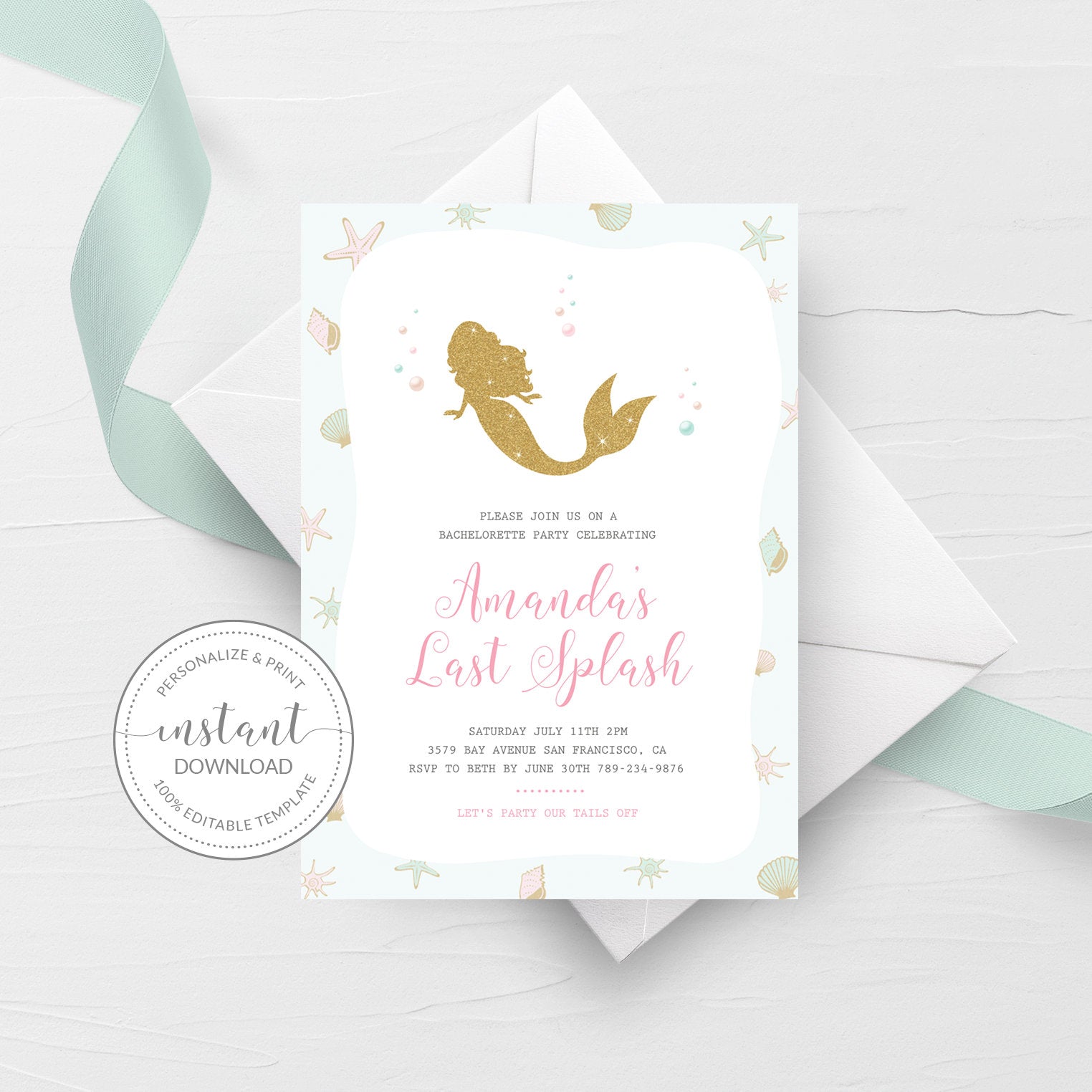 Under the Sea Mermaid Bachelorette Party Template, Printable Last Spla - PlumPolkaDot for Editable Free Printable Bachelorette Party Invitations Templates