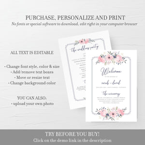 Navy and Blush Floral Wedding Ceremony Program Template, Blush Wedding Programs, 5x7 Editable DIGITAL DOWNLOAD - NB100 - @PlumPolkaDot 