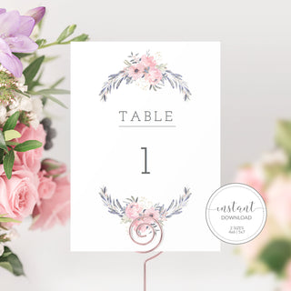 Navy and Blush Floral Wedding Table Numbers 1-50, Table Number Cards Wedding, Table Numbers 4x6 and 5x7, Printable INSTANT DOWNLOAD - NB100 - @PlumPolkaDot 