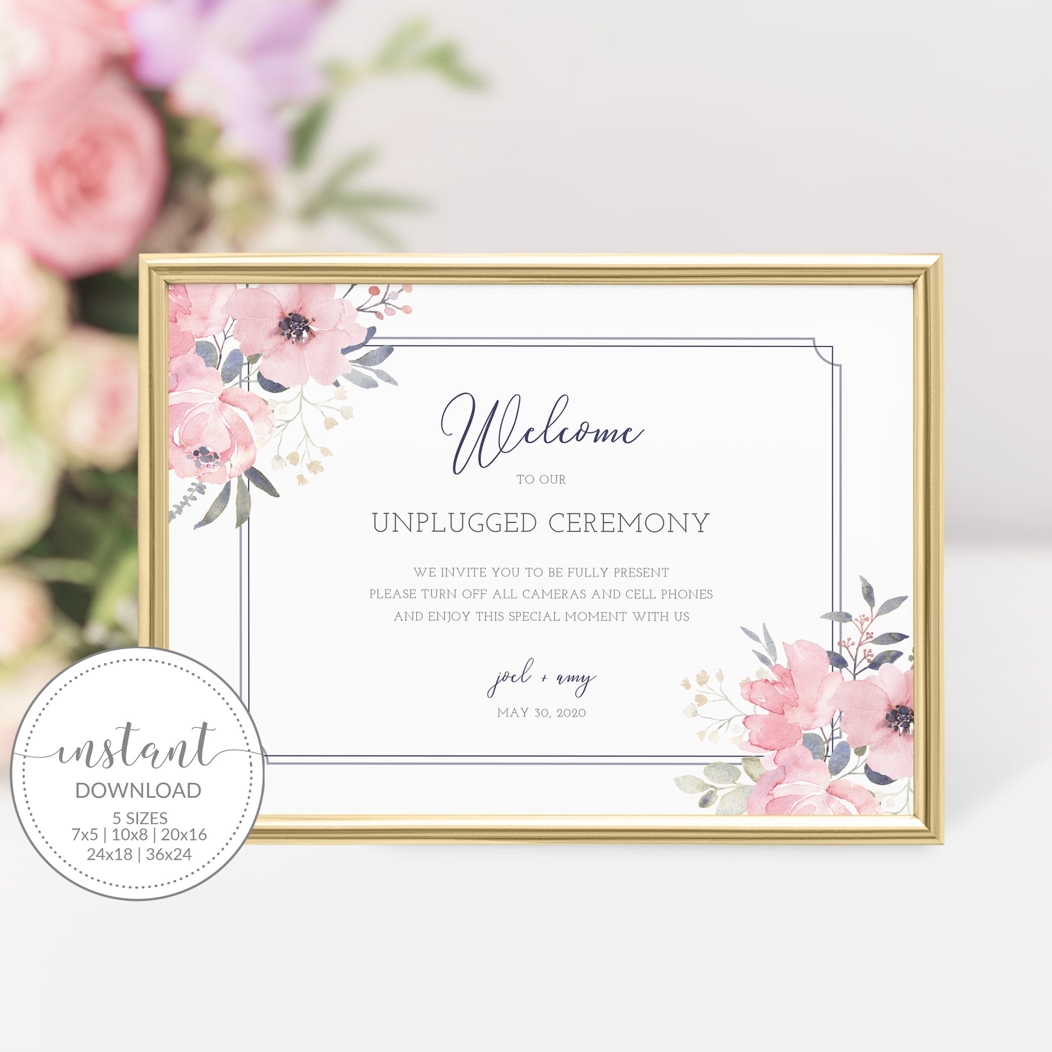 Navy and Blush Unplugged Wedding Sign Template, Wedding Welcome Printable, Wedding Unplugged Ceremony Sign, DIGITAL DOWNLOAD - NB100 - @PlumPolkaDot 