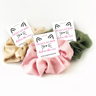 Last Meow Cat Bachelorette Favors, Hair Scrunchie, Cat Bachelorette Party Favors, Getting Meowied Bachelorette Party Supplies - @PlumPolkaDot 