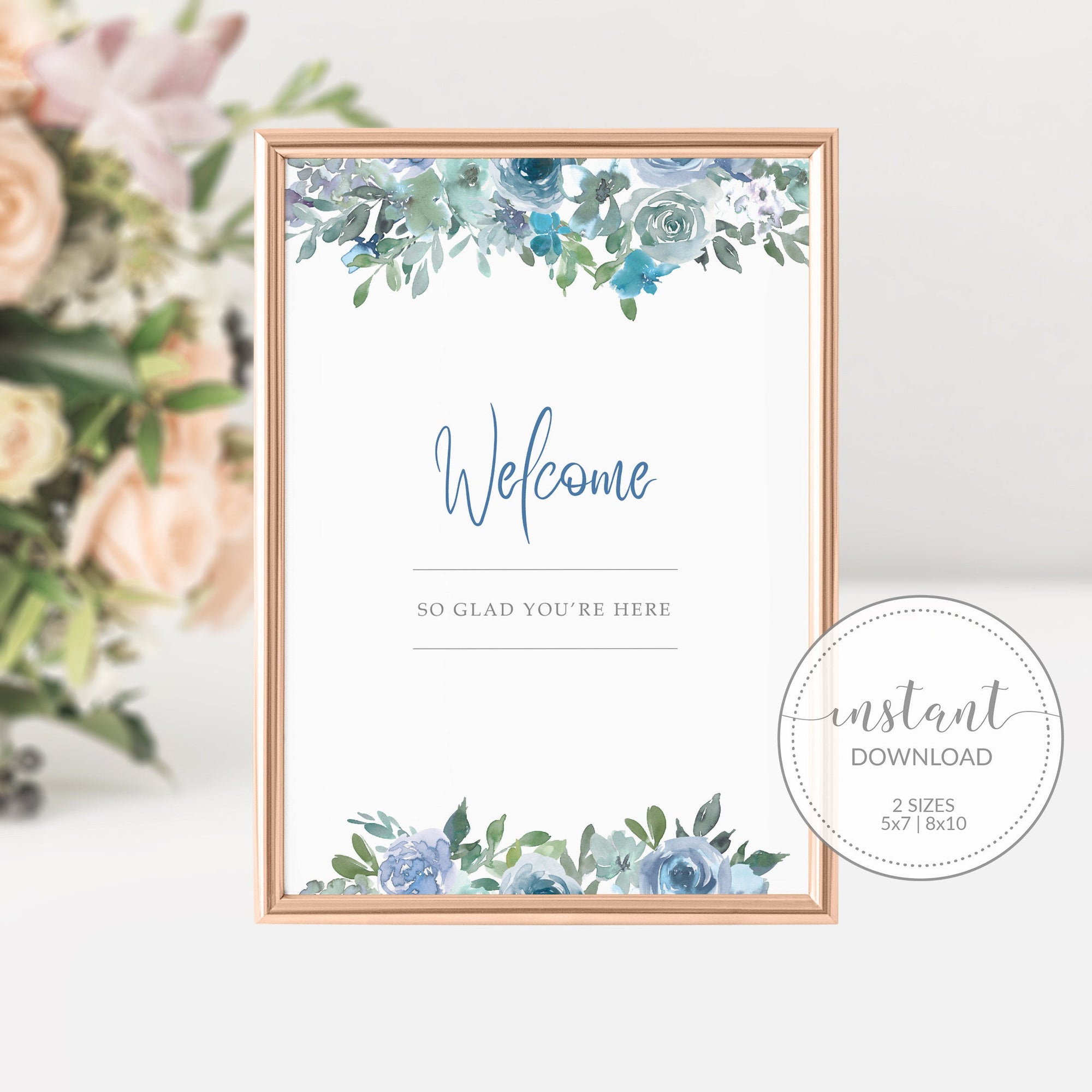 Blue Floral Welcome Sign Printable, INSTANT DOWNLOAD - BF100